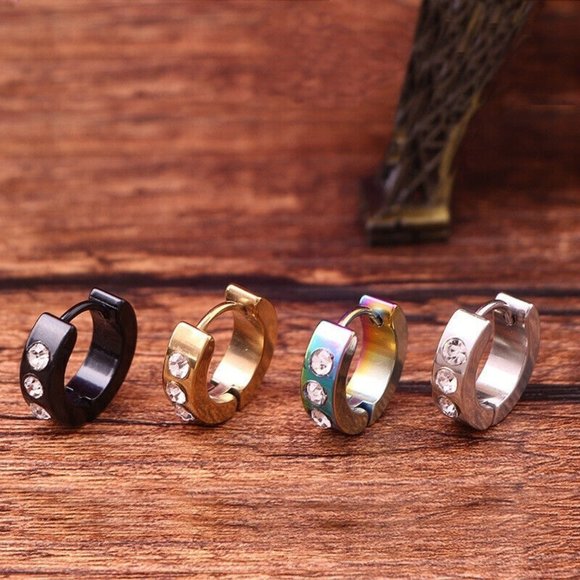 Mens Black Stainless Steel Diamond Zircon Hoop Huggie Earrings 14mm Party Gift - Picture 5 of 5